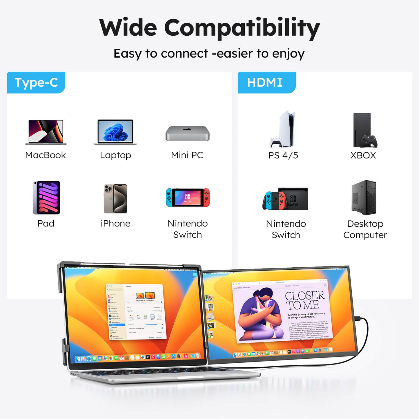 15.6 Inch FHD 1080P IPS Portable Dual Monitor for Laptop Plug and Play Travel Screen Extender Compatible with Mac Windows Android Chrome PS5 Xbox Switch