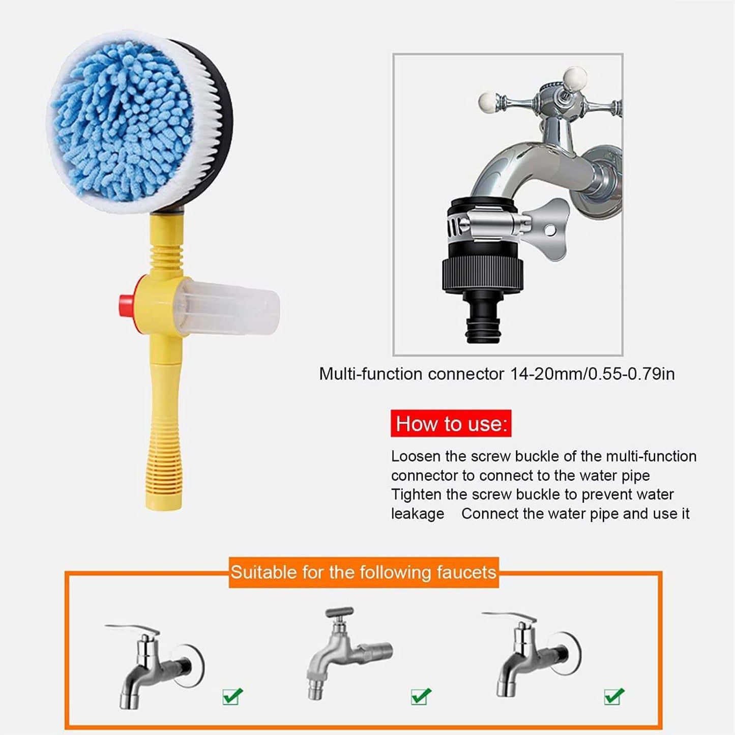 360° Car Rotary Wash Brush Kit - Automatic Rotating Adjustable High Pressure Vehicle Cleaning Brush