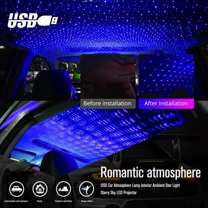 USB Powered Starlight Car Roof Projector Light Portable Ambient Lamp