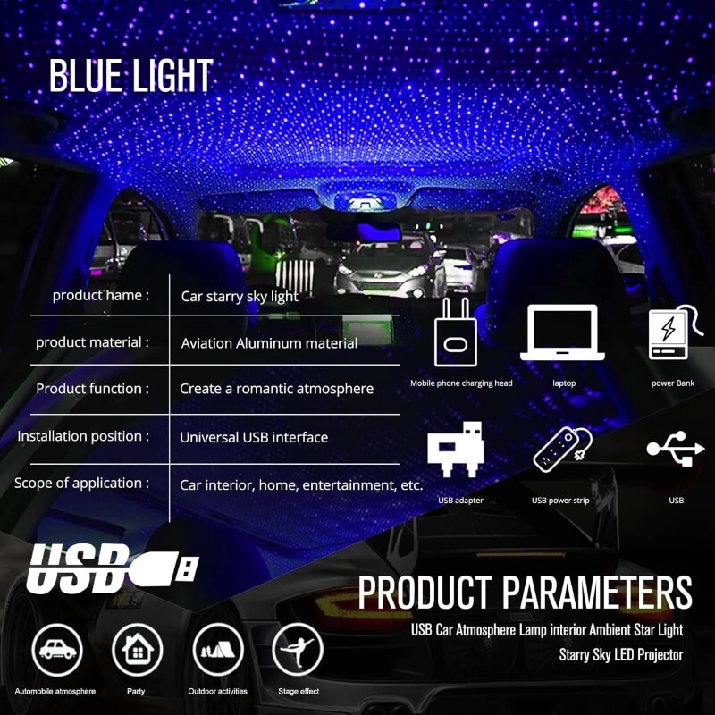 USB Powered Starlight Car Roof Projector Light Portable Ambient Lamp